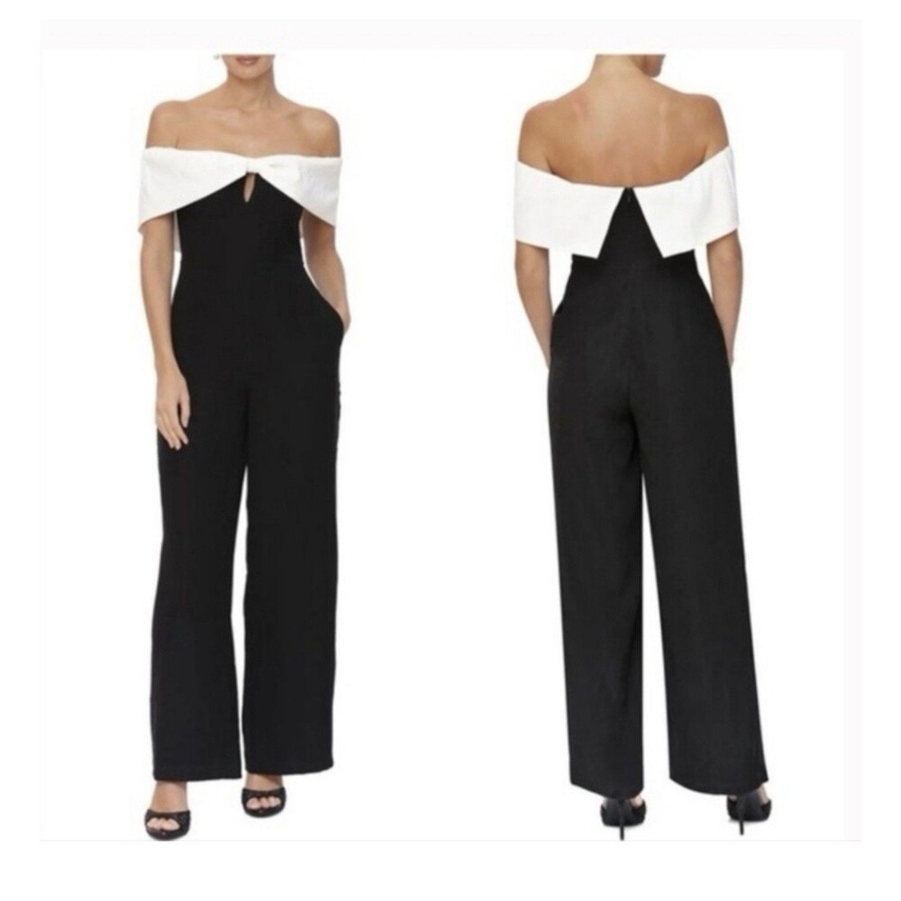 NEW AVEC LES FILLES Off The Shoulder BLACK & WHITE Colorblock EVENING JUMPSUIT 8